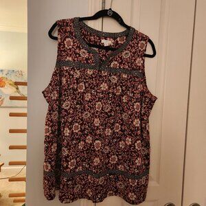 Split Neck Sleeveless Top - Burgundy Floral with Black Piping